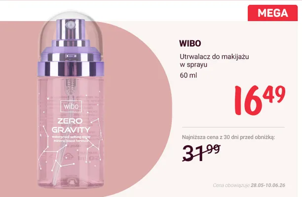 Utrwalacz do makijażu w sprayu Wibo Zero Gravity promocja w Rossmann