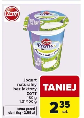 Jogurt naturalny bez laktozy Zott promocja w Carrefour