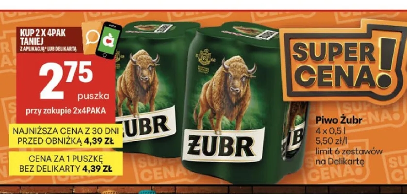 Piwo Żubr 4-pak 500 ml promocja w Delikatesy Centrum