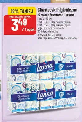 Chusteczki higieniczne 3-warstwowe 10-pak Lanna promocja w POLOmarket