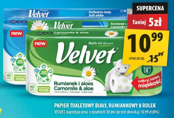 Papier toaletowy biały, rumiankowy 8 rolek Velvet promocja w Arhelan