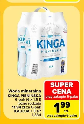 Woda mineralna niegazowana Kinga Pienińska 6-pak promocja w Carrefour