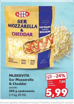 Ser Mozzarella & Cheddar wiórki Mlekovita promocja w Kaufland