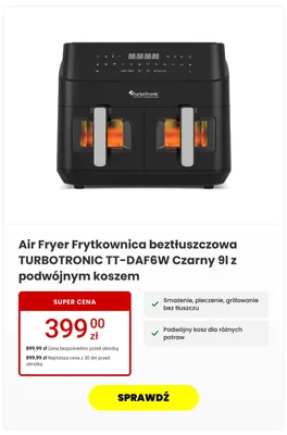 Frytkownica beztłuszczowa TurboTronic TT-DAF6W czarna 9 l z podwójnym koszem promocja w Media Expert