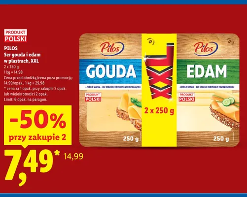 Ser gouda i edam w plastrach Pilos XXL 2-pak promocja w Lidl