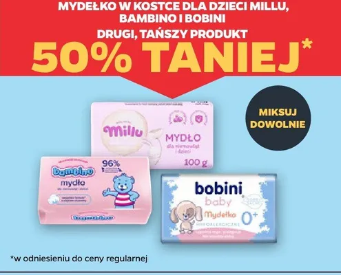Mydełko w kostce dla dzieci Millu, Bambino i Bobini drugi tańszy produkt 50% taniej promocja w Netto