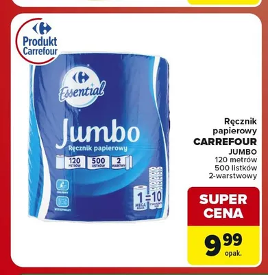 Ręcznik papierowy Carrefour Jumbo 120 m 500 listków 2-warstwowy promocja w Carrefour Market
