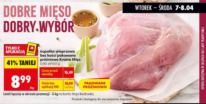 Łopatka wieprzowa bez kości pakowana próżniowo promocja w Biedronka