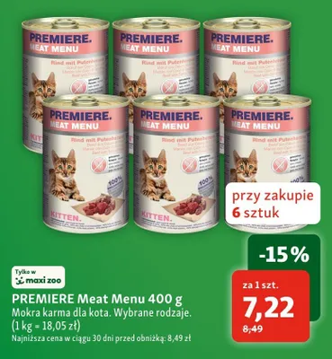 Mokra karma dla kota PREMIERE Meat Menu Kitten Rind mit Putenherzen promocja w MAXI ZOO