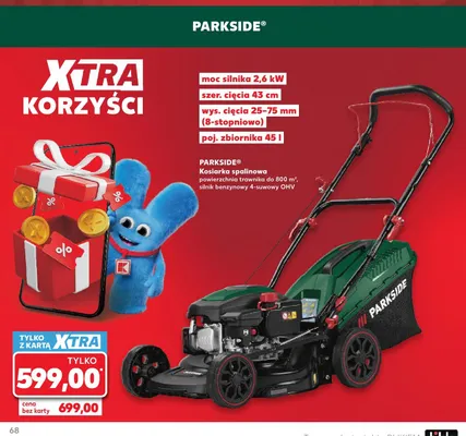 Kosiarka spalinowa PARKSIDE moc silnika 2,6kW szer. cięcia 43cm wys. cięcia 25-75mm (8-stopniowo) poj. zbiornika 45l promocja w Kaufland
