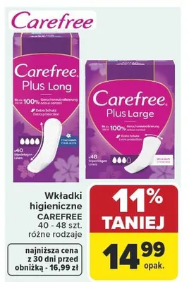 Wkładki higieniczne Carefree Plus Long promocja w Carrefour Market