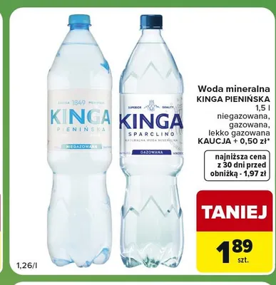Woda mineralna gazowana Kinga Pienińska lekko promocja w Carrefour Express
