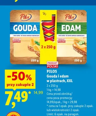 Ser Gouda i Edam w plastrach Pilos XXL 2-pak promocja w Lidl