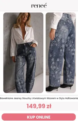 Bawełniane jeansy slouchy z kwiatowym wzorem w stylu haftowania Reneé promocja w Renee