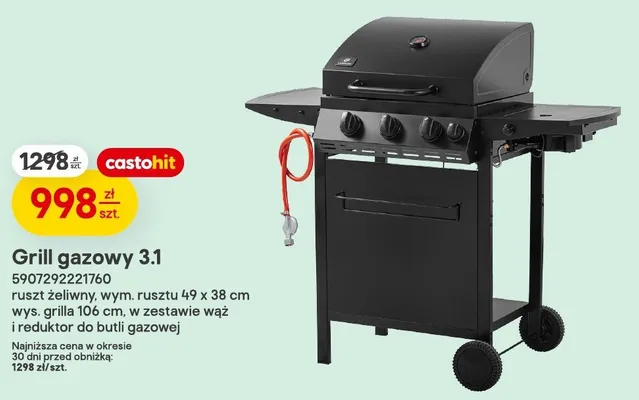 Grill gazowy 3.1 ruszt żeliwny wym. rusztu 49x38cm wys. grilla 106cm w zestawie wąż i reduktor do butli gazowej promocja w Castorama