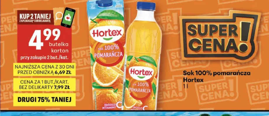 Sok pomarańcza Hortex 100% promocja w Delikatesy Centrum