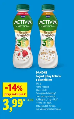 Jogurt pitny Activia z błonnikiem truskawka zboża Danone promocja w Lidl