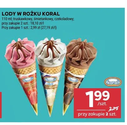 Lody w rożku śmietankowe Koral promocja w Stokrotka