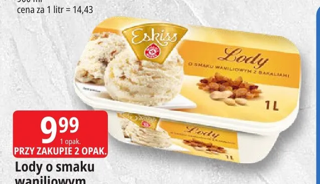 Lody o smaku waniliowym z bakaliami Eskiss promocja w Leclerc