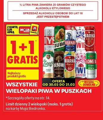 Wszystkie wielopaki piwa w puszkach 1+1 GRATIS promocja w Biedronka