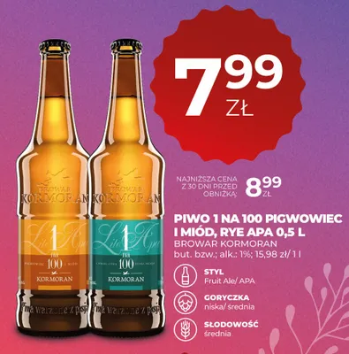 Piwo Kormoran 1 na 100 Pigwowiec i Miód Rye APA promocja w Duży Ben