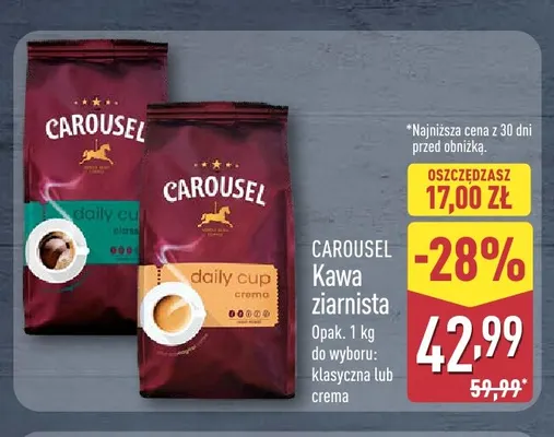 Kawa ziarnista crema Carousel promocja w Aldi
