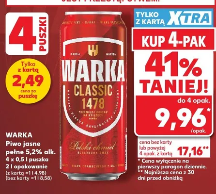 Piwo Warka Classic 1478 jasne pełne 5,2% alk. 4-pak 500ml promocja w Kaufland