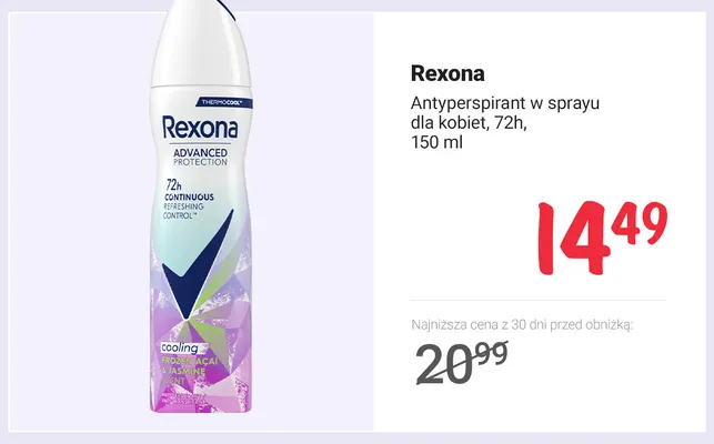 Antyperspirant w sprayu dla kobiet 72h Rexona promocja w Rossmann