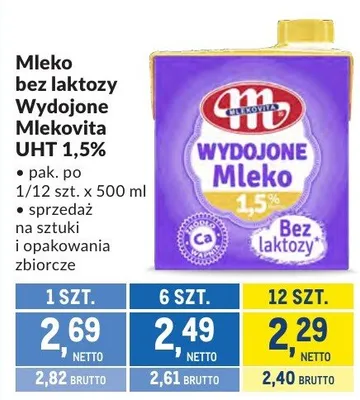 Mleko bez laktozy Wydojone Mlekovita UHT 1,5% promocja w Makro