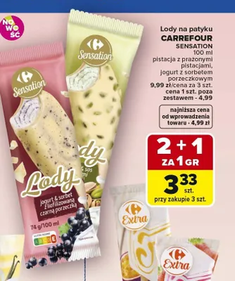 Lody na patyku CARREFOUR SENSATION jogurt z sorbetem porzeczkowym promocja w Carrefour Market