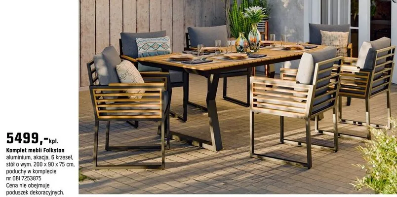 Komplet mebli Folkston aluminium, akacja, 6 krzeseł, stół o wym. 200 x 90 x 75 cm, poduchy w komplecie promocja w OBI