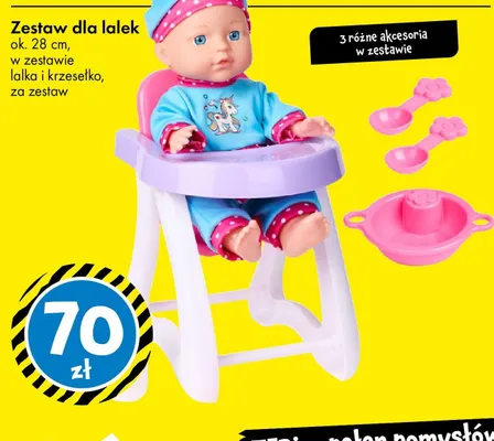 Zestaw dla lalek ok. 28 cm, w zestawie lalka i krzesełko, za zestaw promocja w Tedi