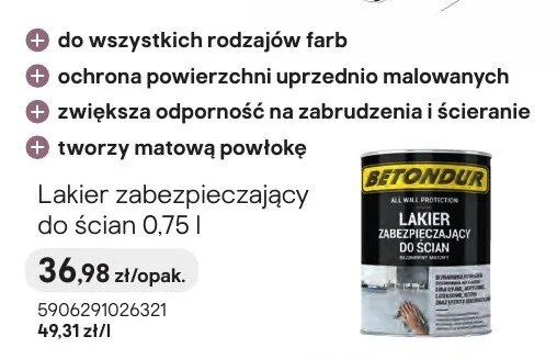 Lakier zabezpieczający do ścian Betondur promocja w Castorama