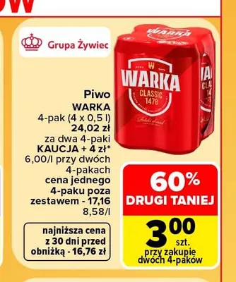 Piwo Warka 4-pak 500 ml promocja w Carrefour Market