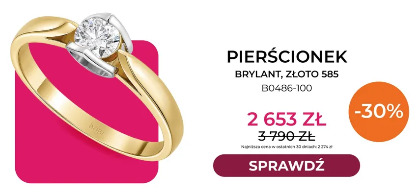 Pierścionek brylant złoto 585 B0486-100 Briju promocja w Briju