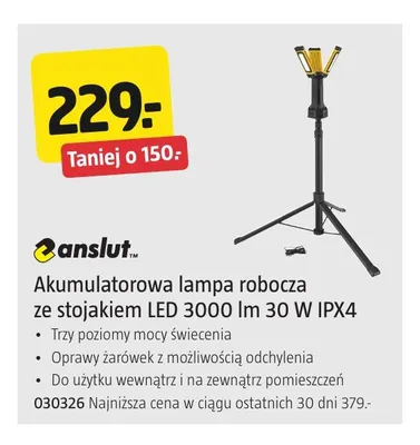 Akumulatorowa lampa robocza ze stojakiem LED 3000lm IPX4 Anslut promocja w Jula
