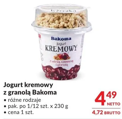 Jogurt kremowy z granolą Bakoma promocja w Makro