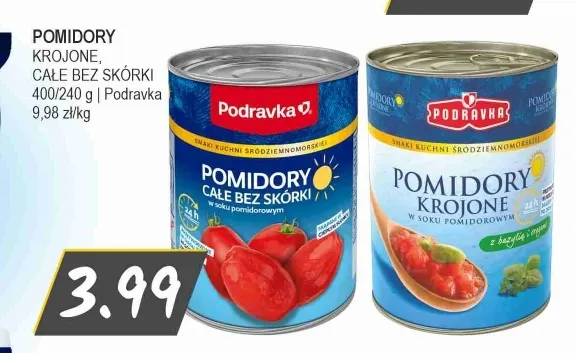 Pomidory całe bez skórki Podravka promocja w Słoneczko