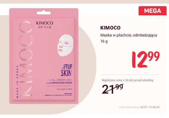Maska w płachcie Kimoco odmładzająca promocja w Rossmann