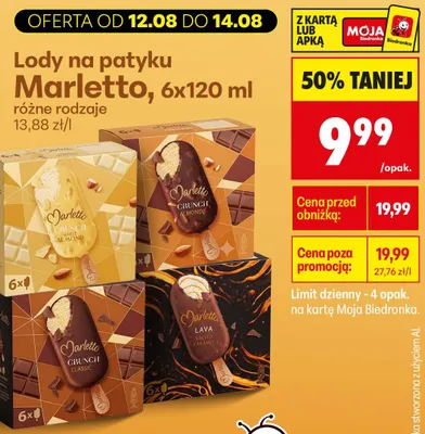 Lody na patyku Marletto Crunch Almond 6-pak 120 ml promocja w Biedronka