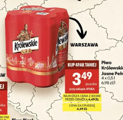 Piwo Królewskie Jasne Pełne 4-pak promocja w Delikatesy Centrum