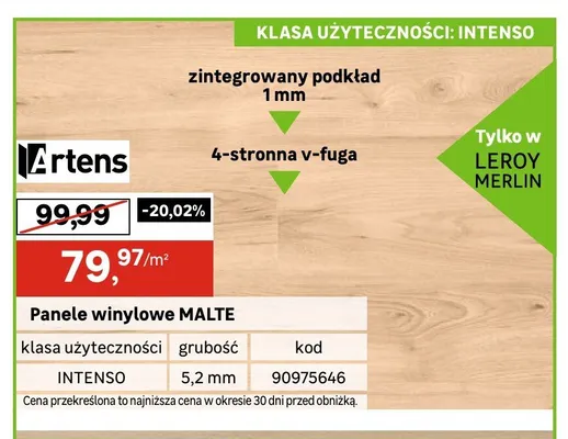 Panele winylowe Artens MALTE zintegrowany podkład 1mm 4-stronna v-fuga INTENSO 5,2mm promocja w Leroy Merlin