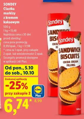Ciastka markizy z kremem kakaowym Sondey promocja w Lidl