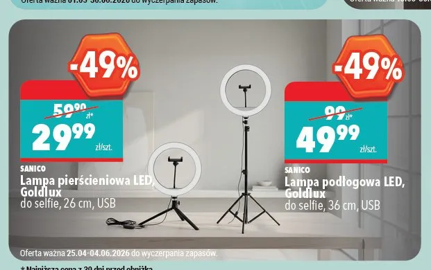 Lampa pierścieniowa LED Goldlux do selfie 26cm USB SANICO promocja w Biedronka Home