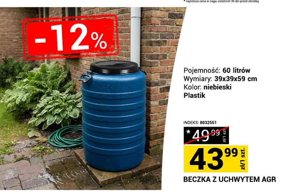 Beczka z uchwytem AGR 60l 39x39x59cm niebieska plastik promocja w Merkury Market
