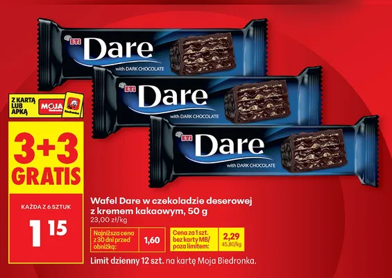 Wafel Dare w czekoladzie deserowej z kremem kakaowym ETi promocja w Biedronka