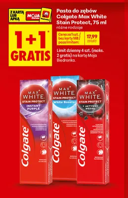 Pasta do zębów Colgate Max White Stain Protect Instant Purple promocja w Biedronka