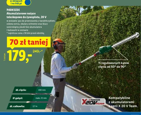 Akumulatorowe nożyce teleskopowe do żywopłotu 20V Parkside promocja