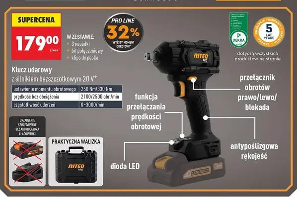 Klucz udarowy z silnikiem bezszczotkowym 20V NITEO PRO promocja w Biedronka