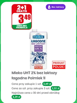 Mleko UHT 2% bez laktozy łagodne Polmlek promocja w Dino